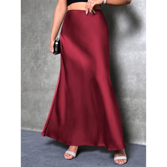 Women Wine Red Maxi Dressy Casual Zipped High Waisted Silk Elegant Long Skirt - Picture 5 of 7